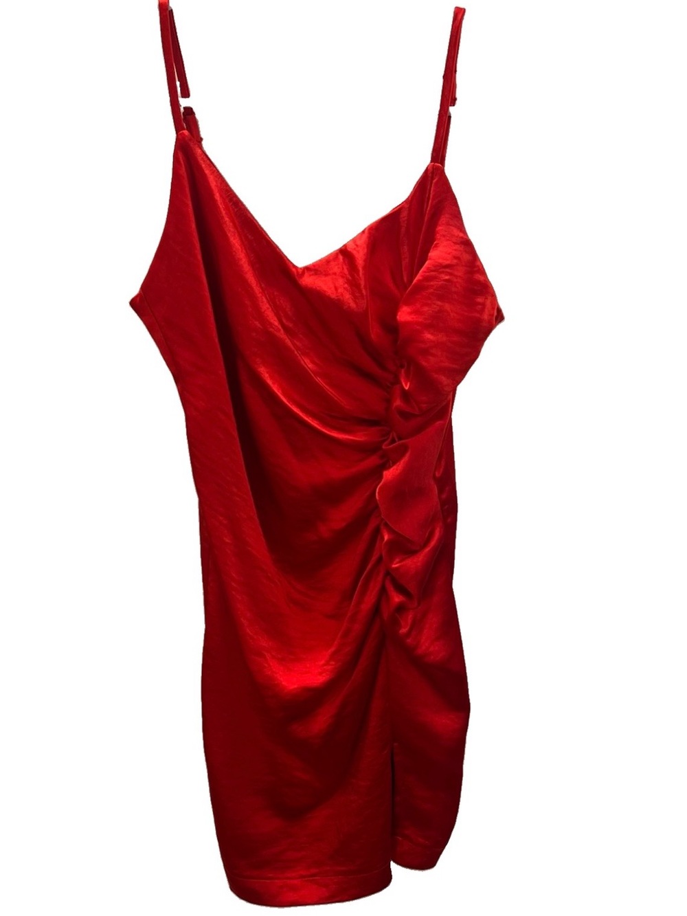 Olivaceous Red Satin Ruched Mini Dress